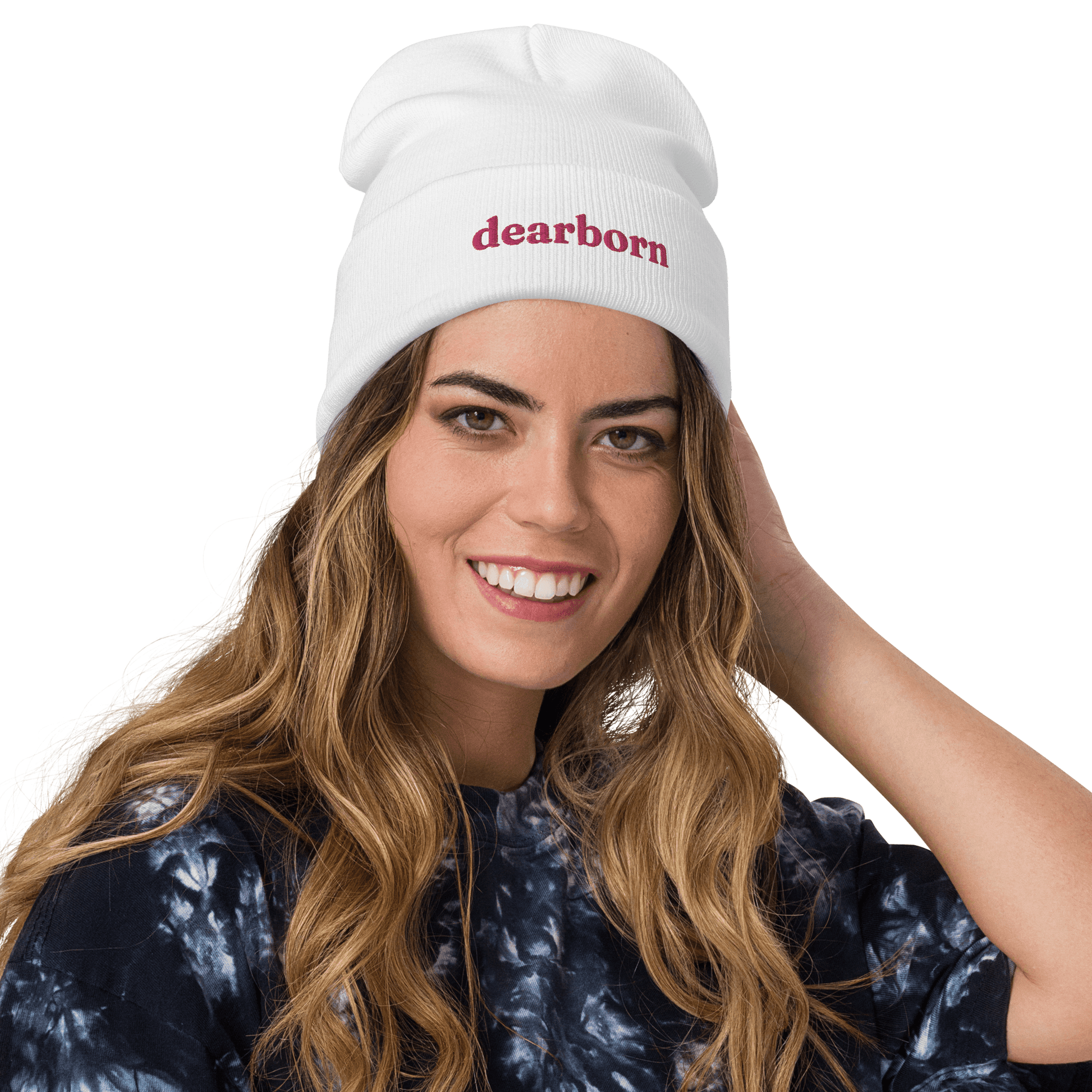 'Dearborn' Winter Beanie (Old-Style Serif Font) | Pink Embroidery - Circumspice Michigan