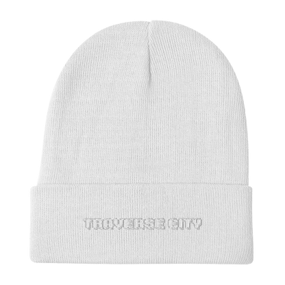 'Traverse City' Winter Beanie (Arcade Font) | White Embroidery - Circumspice Michigan