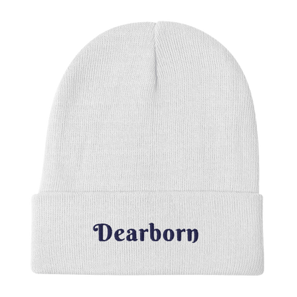 'Dearborn' Winter Beanie (Swash Font) | White/Black Embroidery - Circumspice Michigan