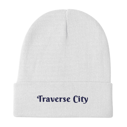 'Traverse City' Winter Beanie (Swash Font) | White/Navy Embroidery - Circumspice Michigan