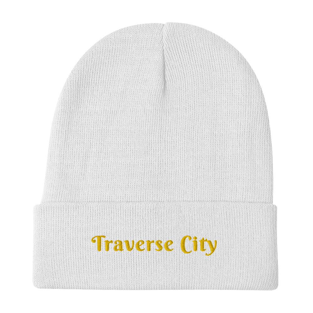 'Traverse City' Winter Beanie (Swash Font) | Gold Embroidery - Circumspice Michigan