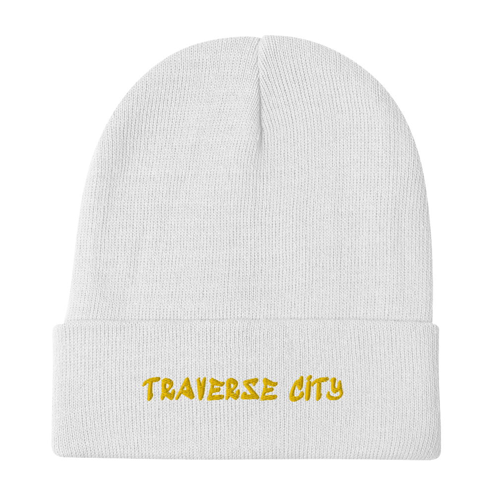 'Traverse City' Winter Beanie (1980s Hip Hop Font) | Gold Embroidery - Circumspice Michigan