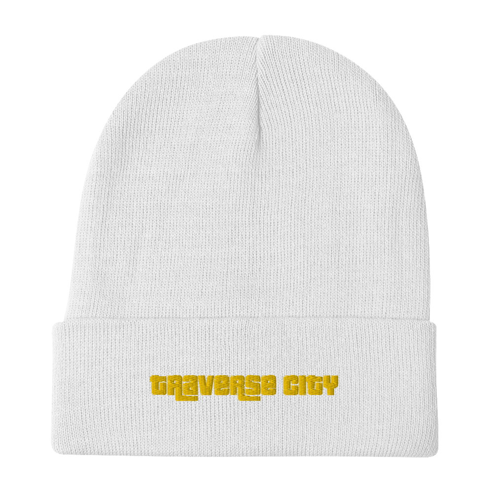 'Traverse City' Winter Beanie (1970's Font) | Gold Embroidery - Circumspice Michigan