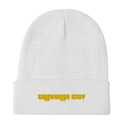 'Traverse City' Winter Beanie (1970's Font) | Gold Embroidery - Circumspice Michigan