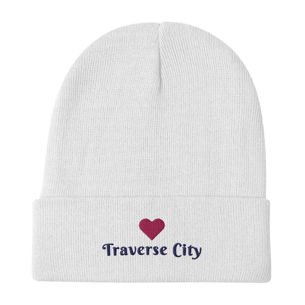 'Traverse City' Winter Beanie (w/Heart Outline) | White/Navy Embroidery - Circumspice Michigan