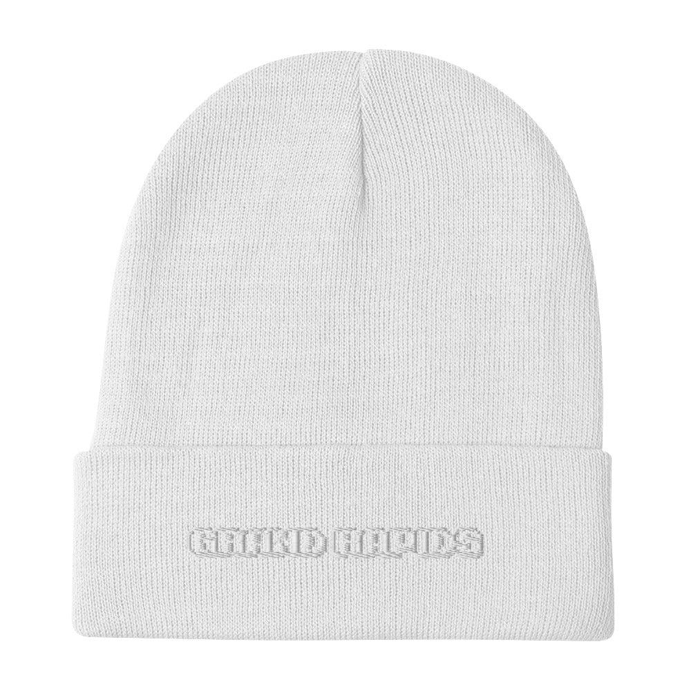 'Grand Rapids' Winter Beanie (Arcade Font) | White/Black Embroidery - Circumspice Michigan