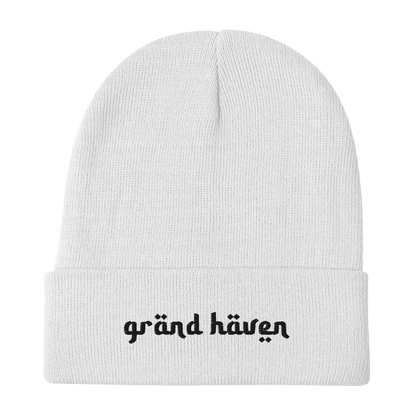 'Grand Haven' Winter Beanie (Arabic-Style Font) | White/Black Embroidery - Circumspice Michigan