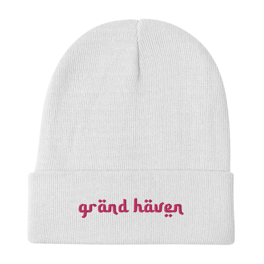 'Grand Haven' Winter Beanie (Arabic-Style Font) | Pink Embroidery - Circumspice Michigan