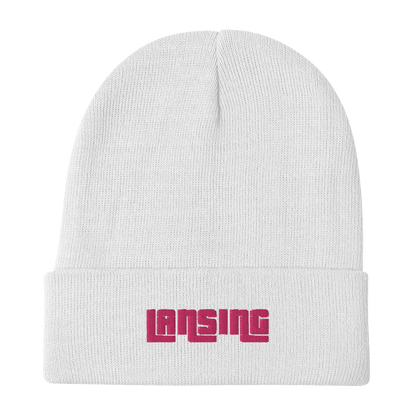 'Lansing' Winter Beanie (1970s Font) | Pink Embroidery - Circumspice Michigan