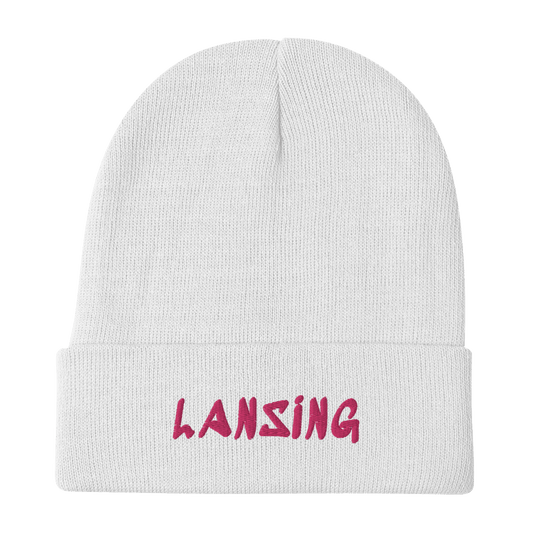 'Lansing' Winter Beanie (1980's Hip Hop Font) | Pink Embroidery - Circumspice Michigan