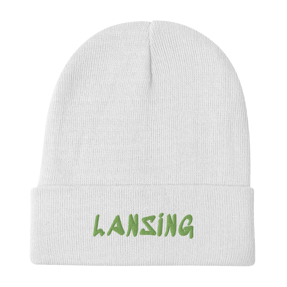 'Lansing' Winter Beanie (1980's Hip Hop Font) | Green Embroidery - Circumspice Michigan