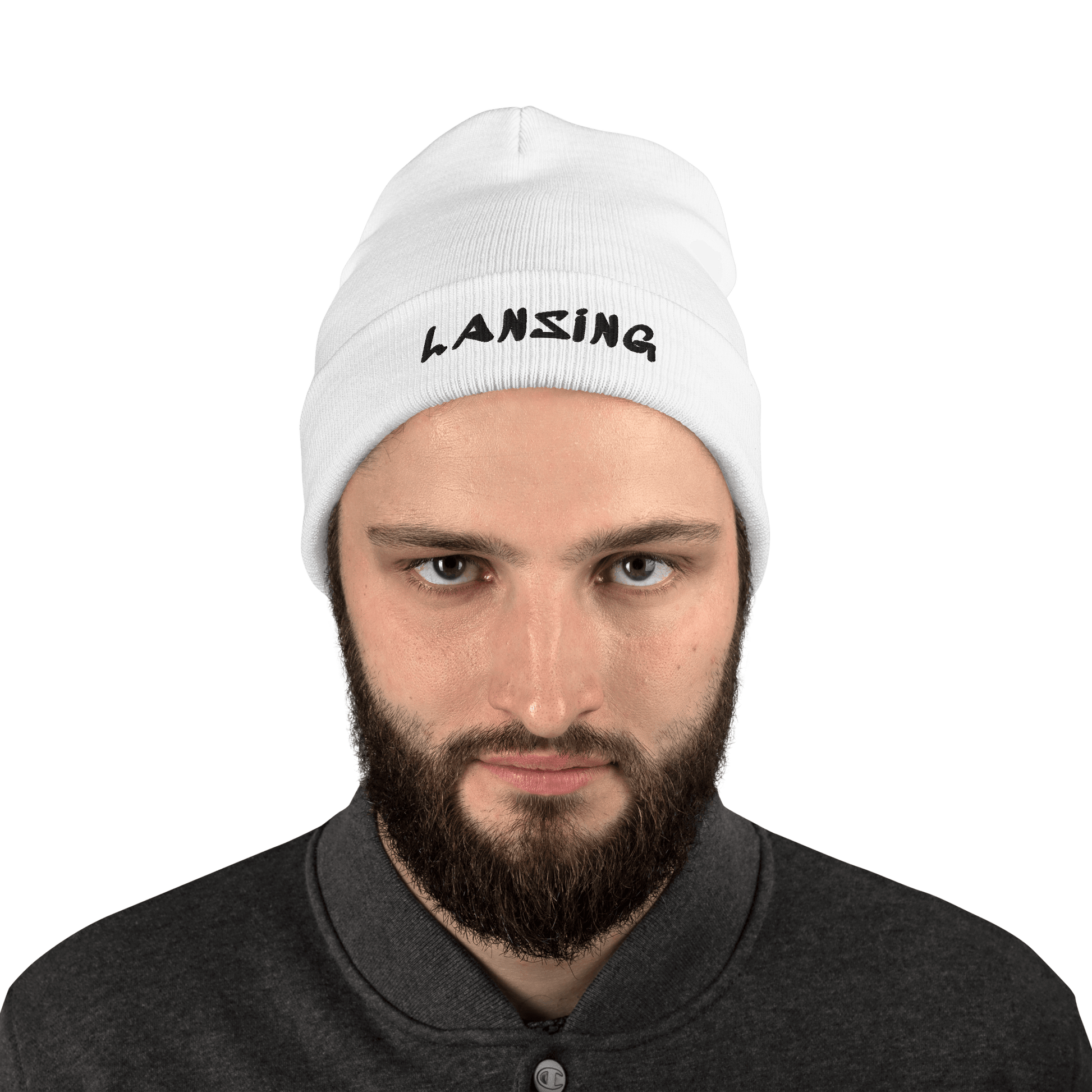 'Lansing' Winter Beanie (1980's Hip Hop Font) | White/Black Embroidery - Circumspice Michigan