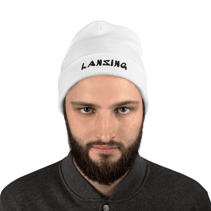 'Lansing' Winter Beanie (1980's Hip Hop Font) | White/Black Embroidery - Circumspice Michigan