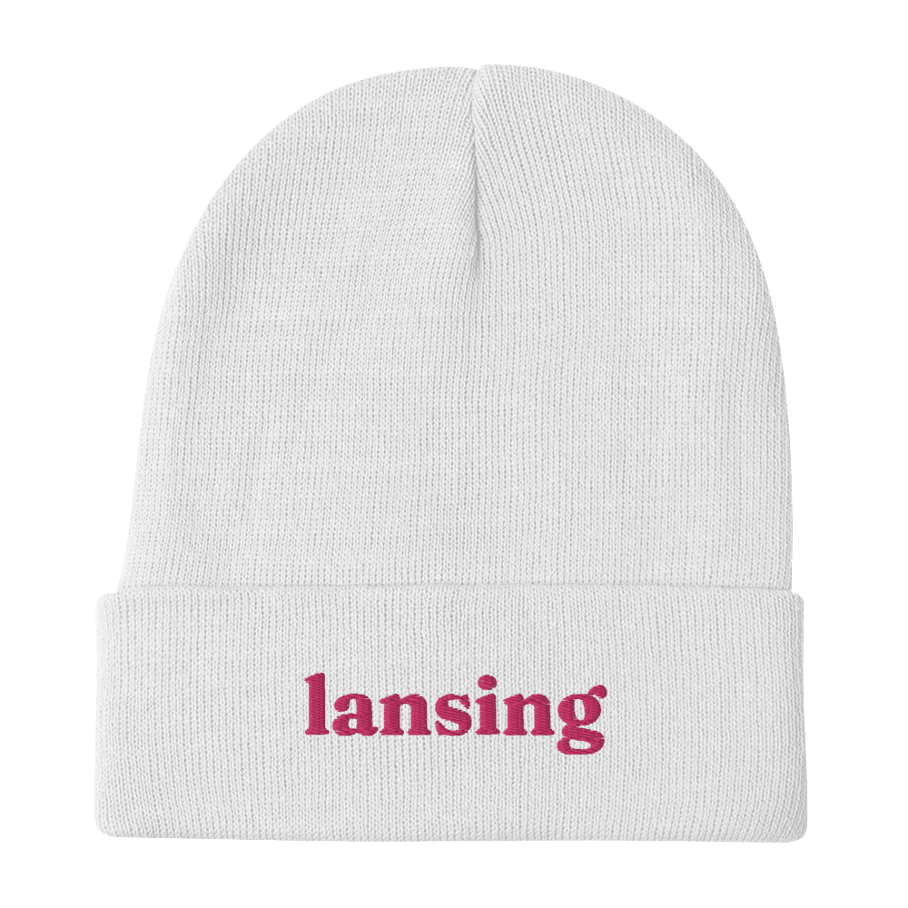 'Lansing' Winter Beanie (Old-Style Serif Font) | Pink Embroidery - Circumspice Michigan