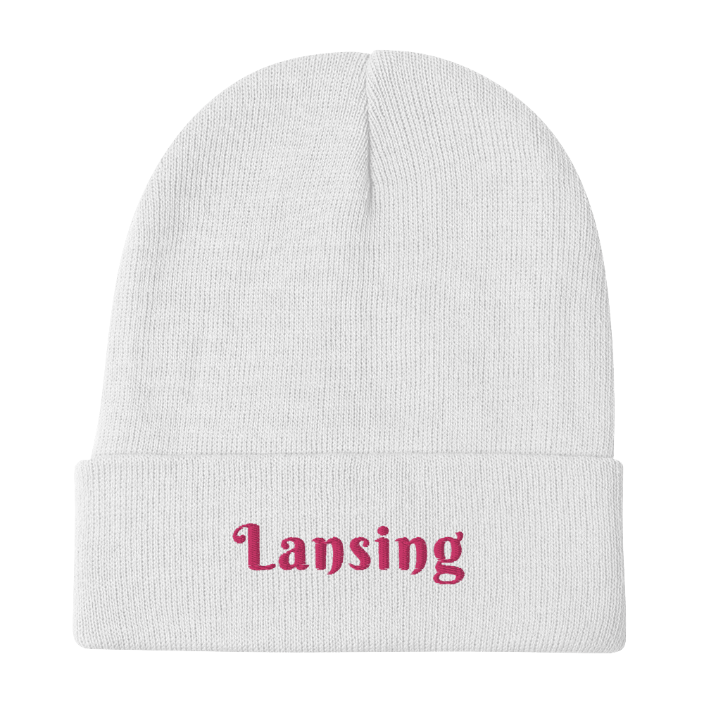 'Lansing' Winter Beanie (Swash Font) | Pink Embroidery - Circumspice Michigan