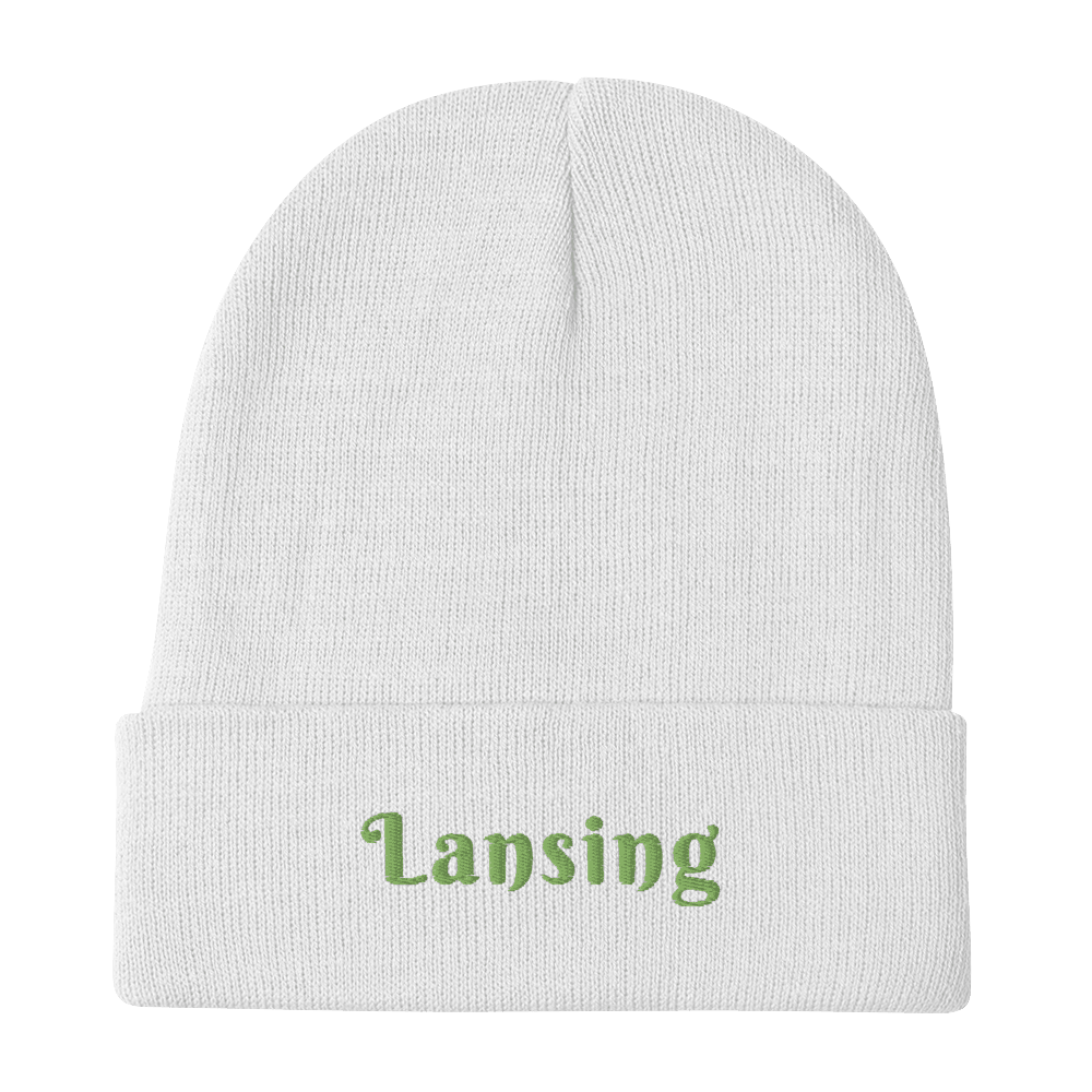 'Lansing' Winter Beanie (Swash Font) | Green Embroidery - Circumspice Michigan