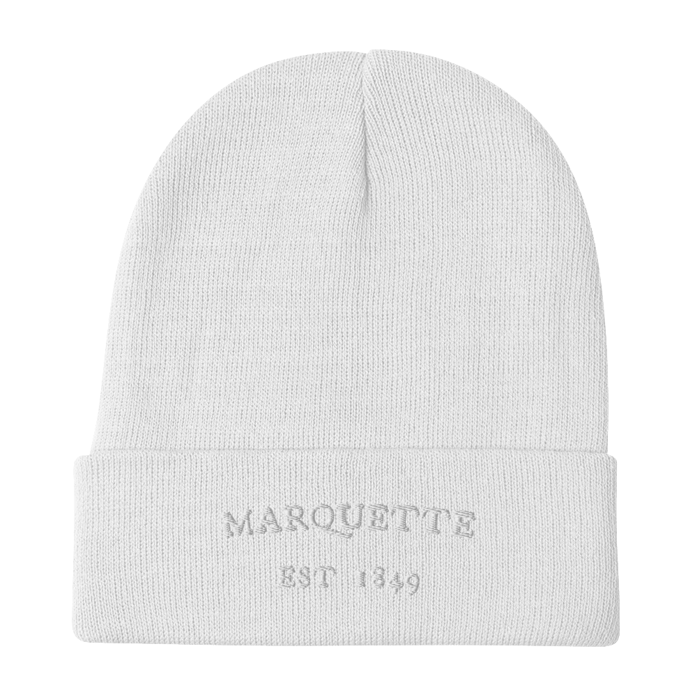 'Marquette EST 1849' Winter Beanie | White/Navy Embroidery - Circumspice Michigan