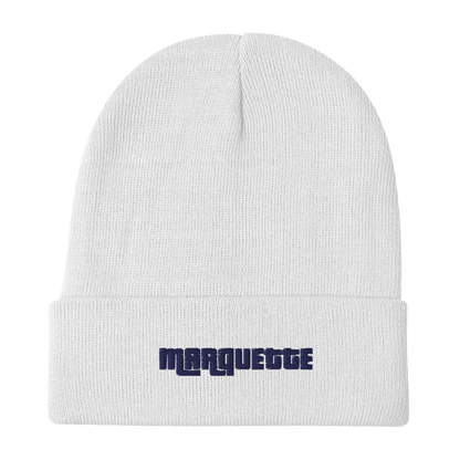 'Marquette' Winter Beanie (1970s Font) | White/Navy Embroidery - Circumspice Michigan