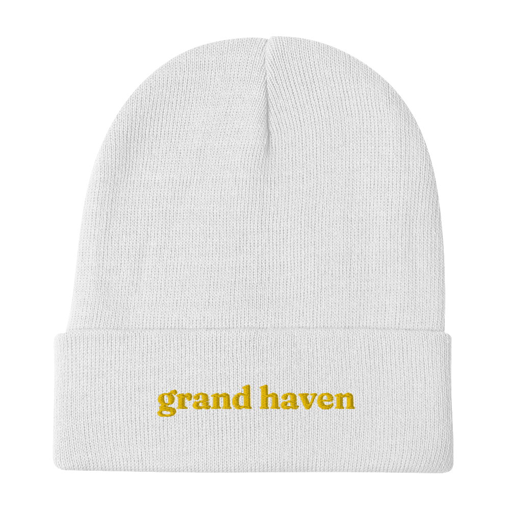 'Grand Haven' Winter Beanie (Old-Style Serif Font) | Gold Embroidery - Circumspice Michigan