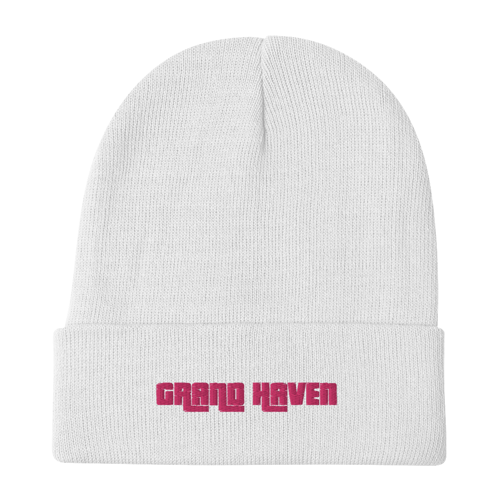 'Grand Haven' Winter Beanie (1970s Font) | Pink Embroidery - Circumspice Michigan