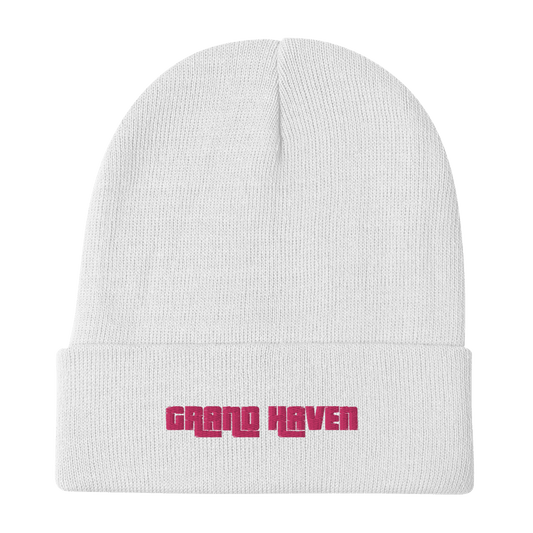 'Grand Haven' Winter Beanie (1970s Font) | Pink Embroidery - Circumspice Michigan