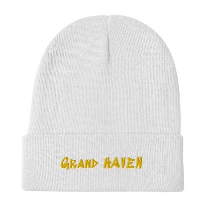 'Grand Haven' Winter Beanie (1980s Hip Hop Font) | Gold Embroidery - Circumspice Michigan