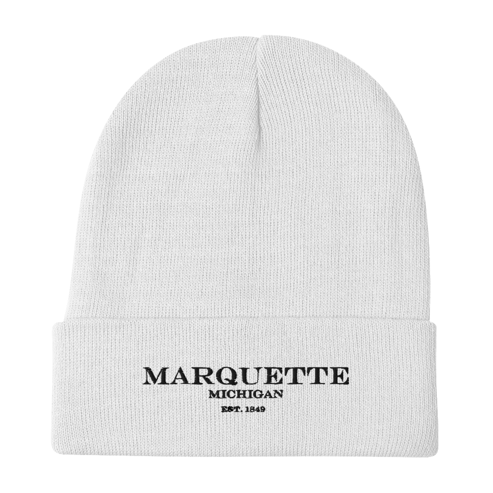 'Marquette Michigan EST 1849' Winter Beanie | White/Black Embroidery - Circumspice Michigan