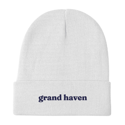 'Grand Haven' Winter Beanie (Old-Style Serif Font) | White/Navy Embroidery - Circumspice Michigan