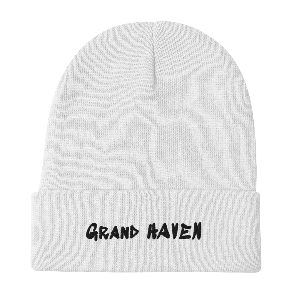 'Grand Haven' Winter Beanie (1980s Hip Hop Font) | White/Black Embroidery - Circumspice Michigan