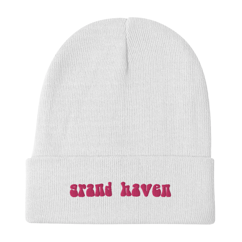 'Grand Haven' Winter Beanie (1960s Font) | Pink Embroidery - Circumspice Michigan