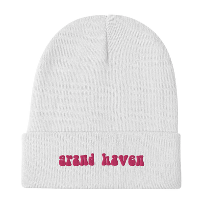 'Grand Haven' Winter Beanie (1960s Font) | Pink Embroidery - Circumspice Michigan