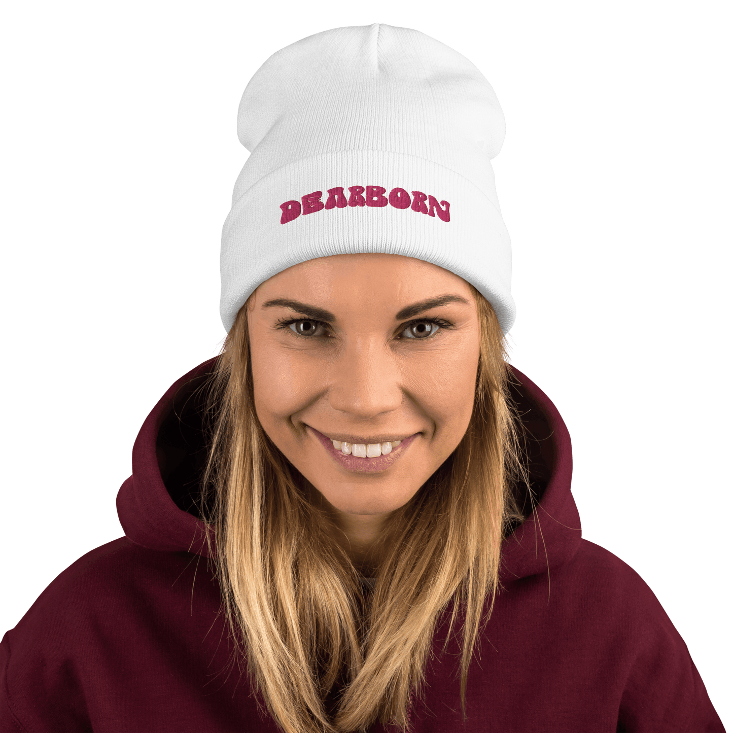 'Dearborn' Winter Beanie (1960's Font) | Pink Embroidery - Circumspice Michigan