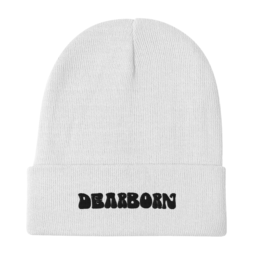 'Dearborn' Winter Beanie (1960's Font) | White/Black Embroidery - Circumspice Michigan