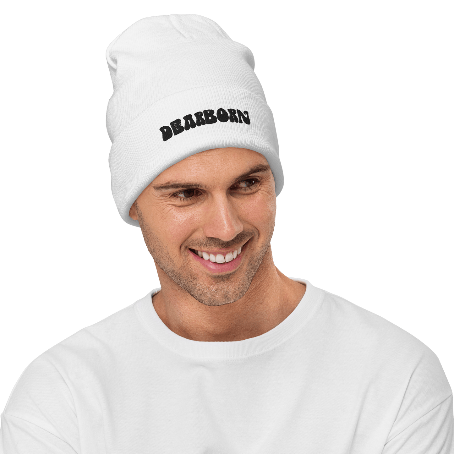 'Dearborn' Winter Beanie (1960's Font) | White/Black Embroidery - Circumspice Michigan