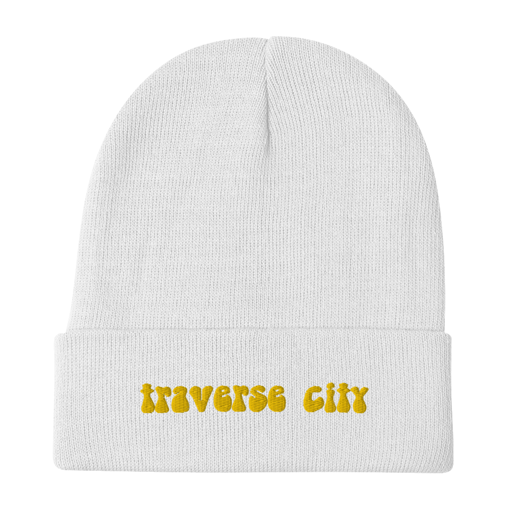 'Traverse City' Winter Beanie (1960s Font) | Gold Embroidery - Circumspice Michigan