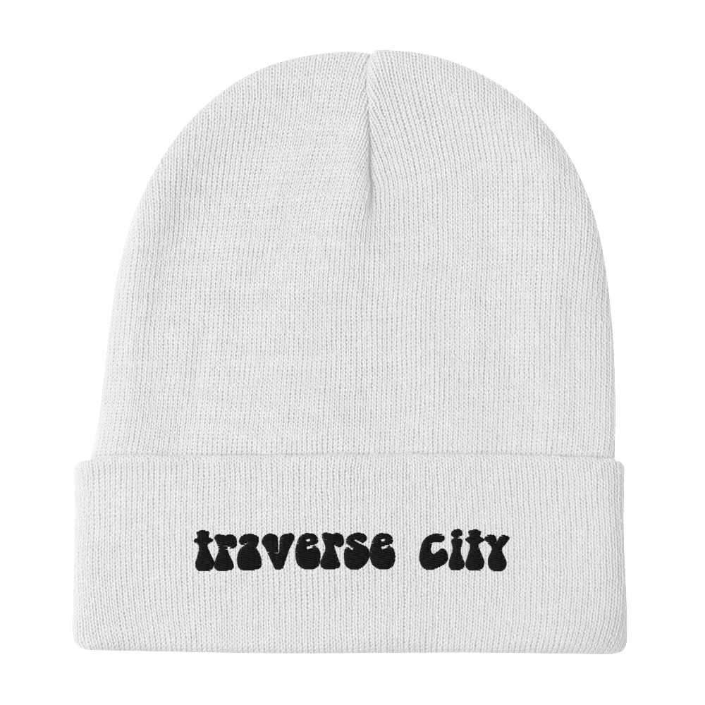 'Traverse City' Winter Beanie (1960s Font) | White/Black Embroidery - Circumspice Michigan