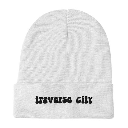 'Traverse City' Winter Beanie (1960s Font) | White/Black Embroidery - Circumspice Michigan