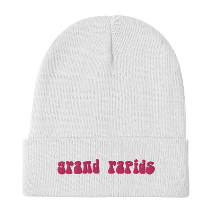 'Grand Rapids' Winter Beanie (1960s Font) | Pink Embroidery - Circumspice Michigan