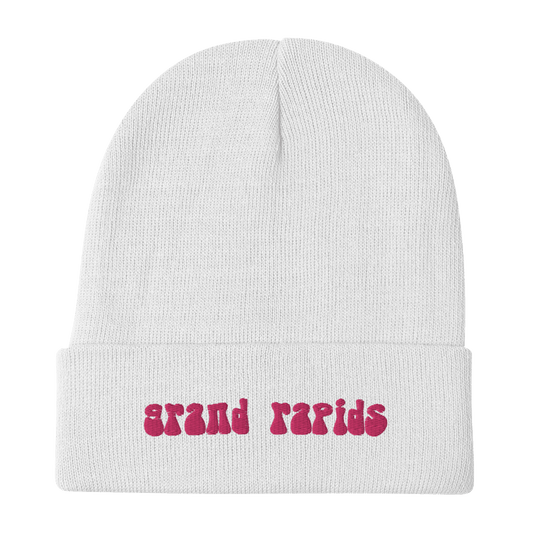 'Grand Rapids' Winter Beanie (1960s Font) | Pink Embroidery - Circumspice Michigan