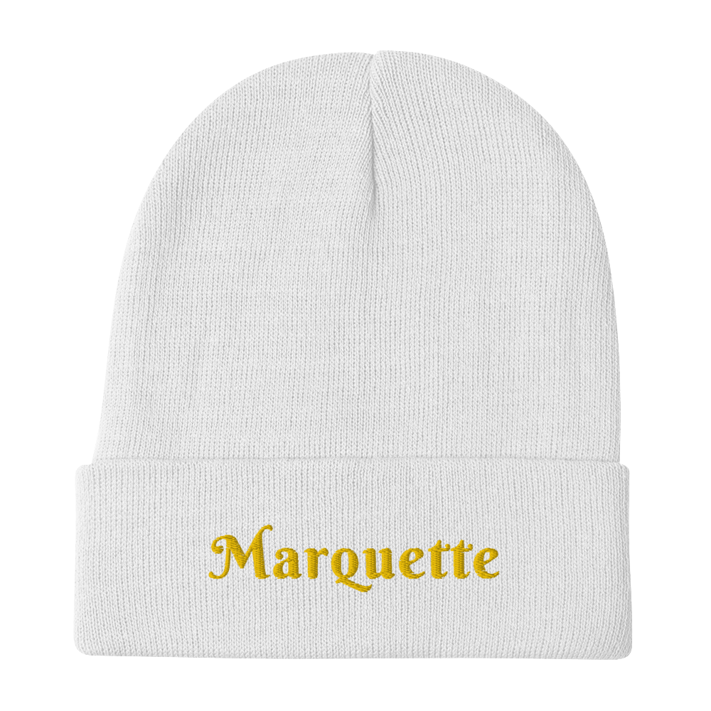 'Marquette' Winter Beanie (Swash Font) | Gold Embroidery - Circumspice Michigan