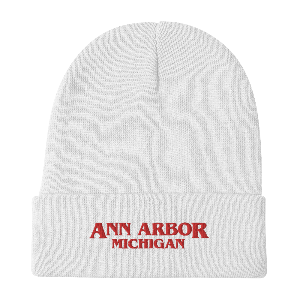 'Ann Arbor Michigan' Winter Beanie (1980s Drama Parody) | Red/White Embroidery - Circumspice Michigan