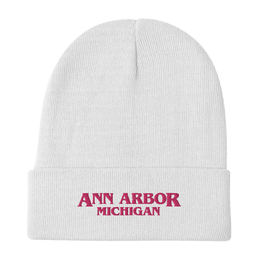 'Ann Arbor Michigan' Winter Beanie (1980s Drama Parody) | Pink Embroidery - Circumspice Michigan