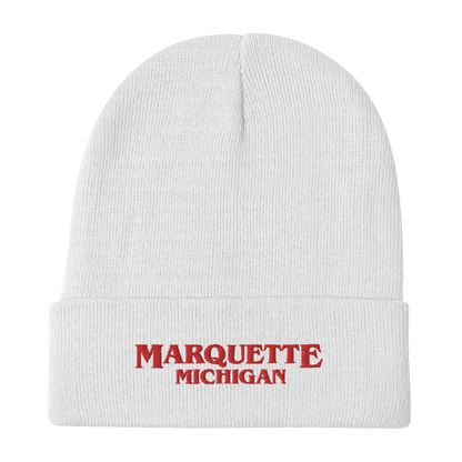 'Marquette Michigan' Winter Beanie (1980s Drama Parody) | Red/White Embroidery - Circumspice Michigan