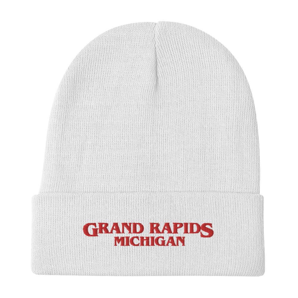 'Grand Rapids' Winter Beanie (1980s Drama Parody) l Red/White Embroidery - Circumspice Michigan