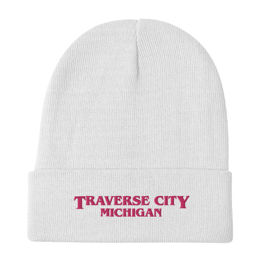 'Traverse City Michigan' Winter Beanie (1980s Drama Parody) | Pink Embroidery - Circumspice Michigan