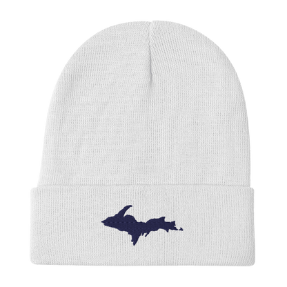 Upper Peninsula Winter Beanie | White/Navy Embroidery - Circumspice Michigan