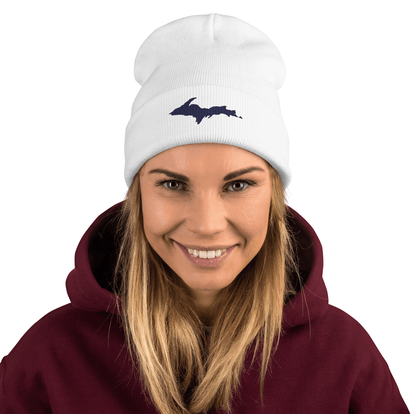 Upper Peninsula Winter Beanie | White/Navy Embroidery - Circumspice Michigan