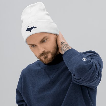 Upper Peninsula Winter Beanie | White/Navy Embroidery - Circumspice Michigan