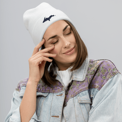 Upper Peninsula Winter Beanie | White/Navy Embroidery - Circumspice Michigan