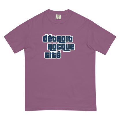 'Détroit Rocque Cité' Garment-Dyed T-Shirt (Automotive Crime Parody) | Navy/White Print